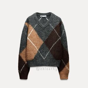 Zara KNIT ARGYLE SWEATER